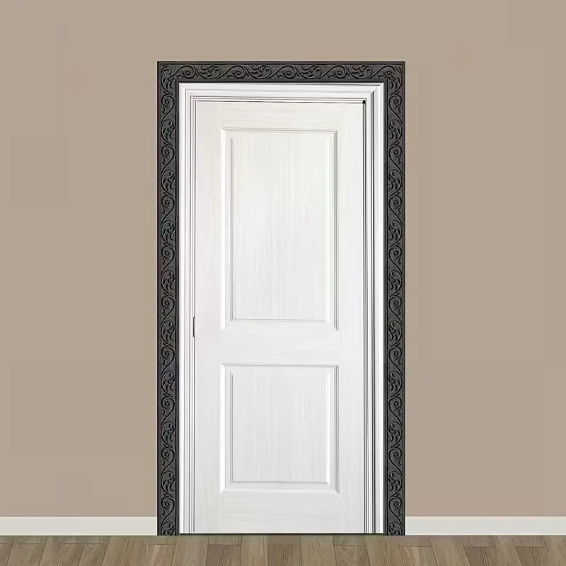 White door with a dark decorative frame mounted on a beige wall.