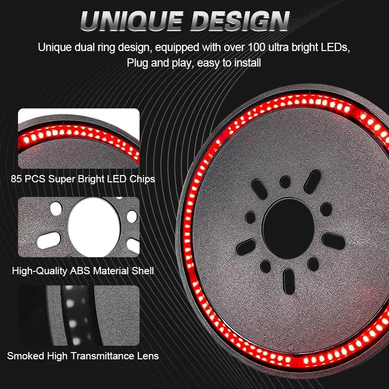 Close-up view of a round LED brake light with a smoked lens and a textured ABS material shell.