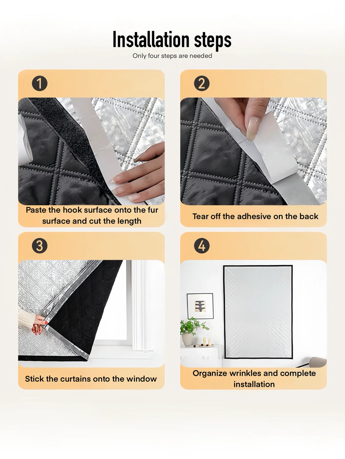 Four steps for installing self-adhesive thermal window film, showing the process of applying and securing the film onto a win