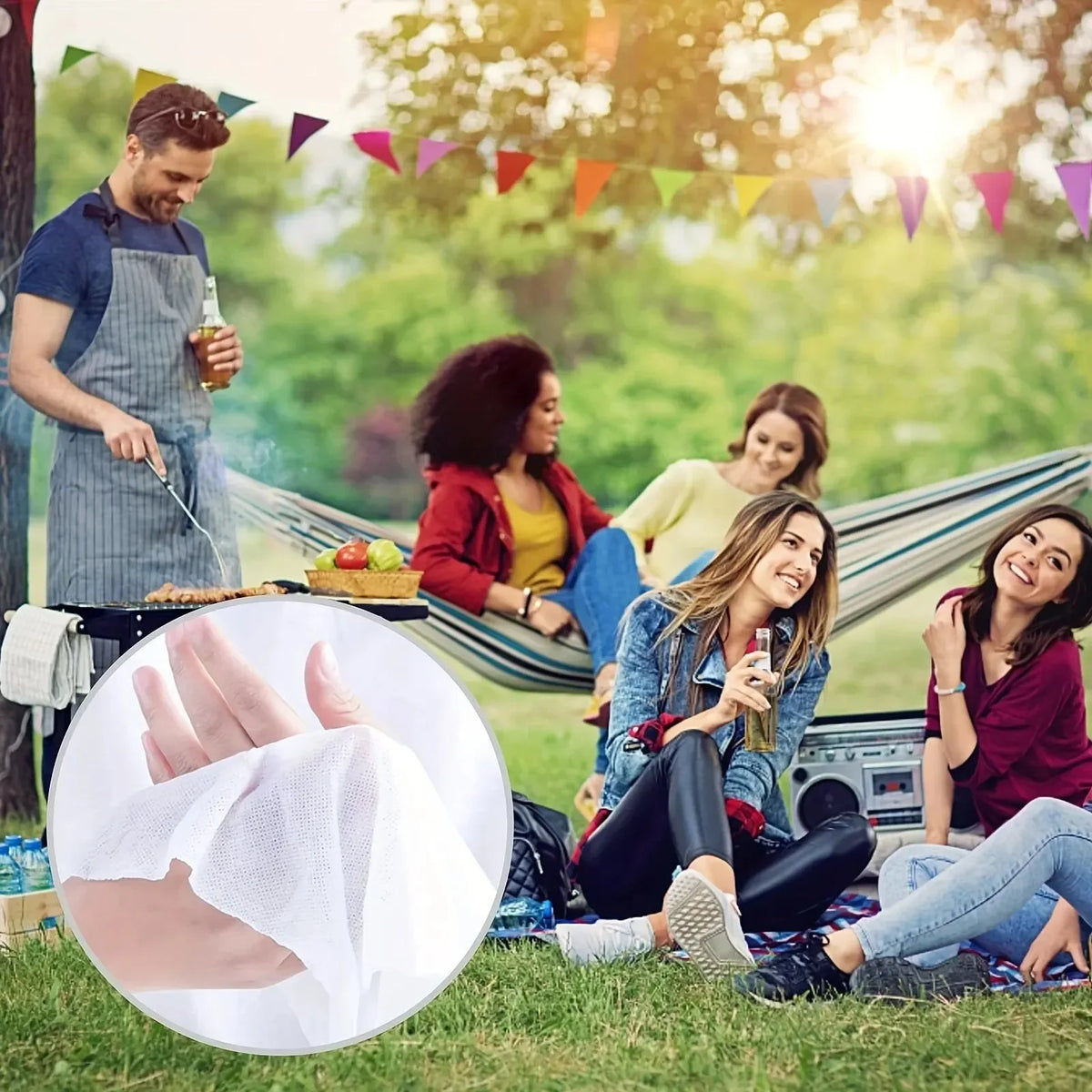 A group of women relaxing outdoors enjoying drinks and socializing in a sunny park setting.
