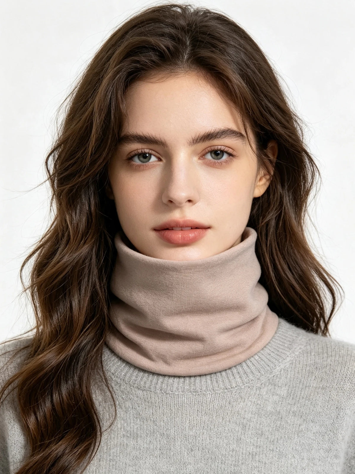 A woman with long dark hair wearing a beige turtleneck sweater and a matching neck warmer scarf.