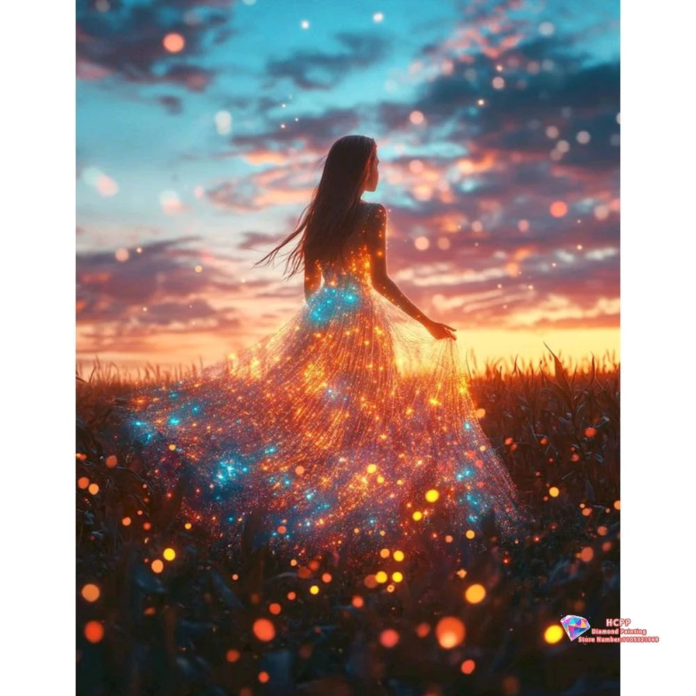 A silhouette of a woman stands in a field, surrounded by sparkling golden and blue light effects against a sunset sky.