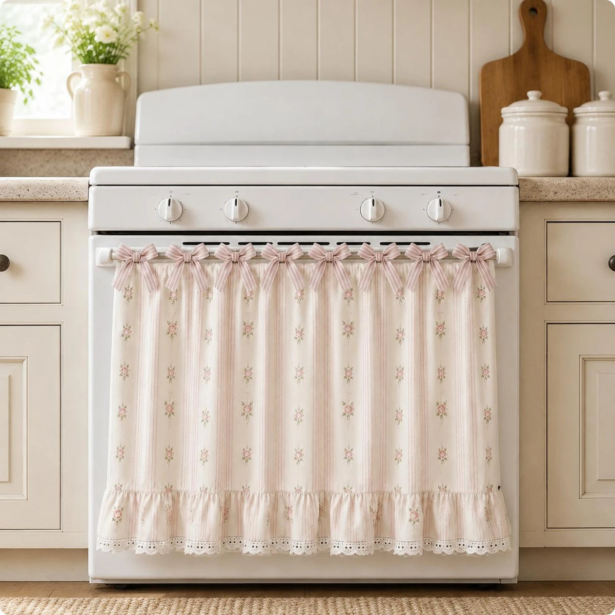 A white farmhouse oven skirt with a floral pattern and ruffle trim installed on a white stove.