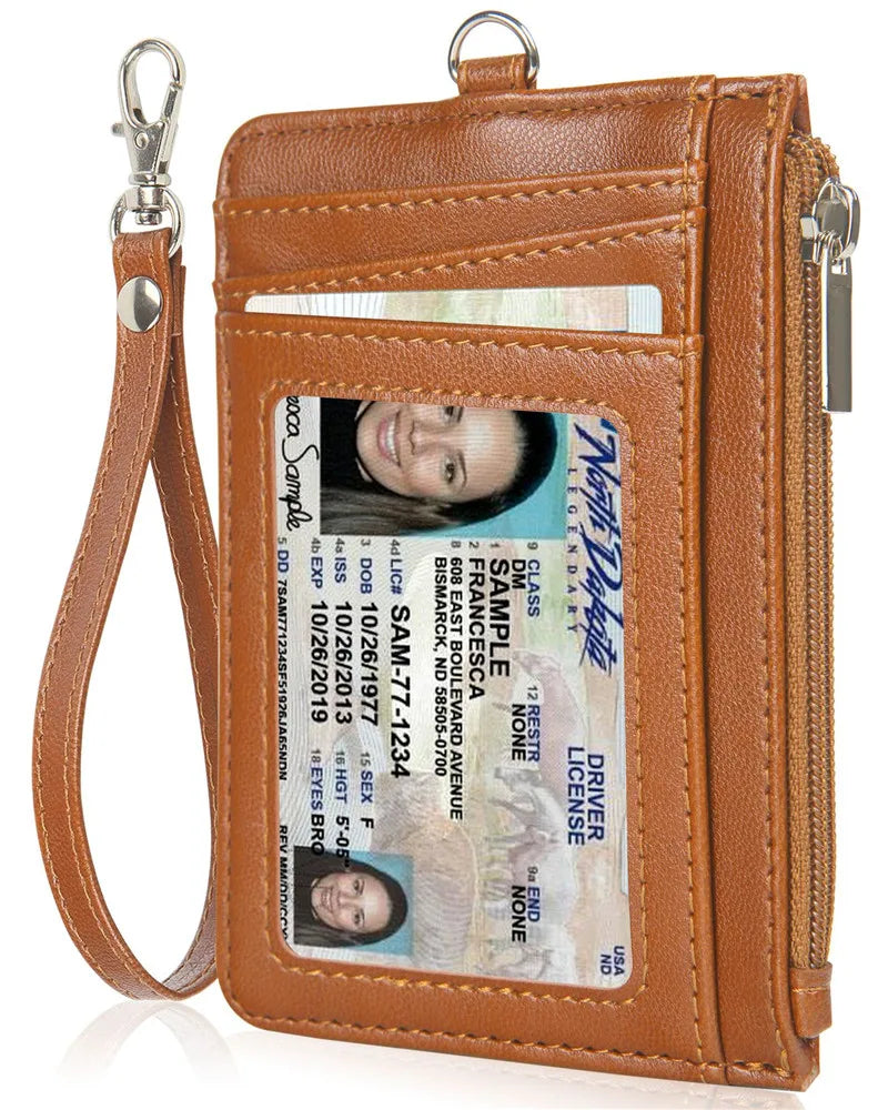 Premium PU Leather Badge Holder with Zipper and Lanyard