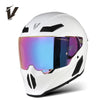A white full-face motorcycle helmet with a reflective iridescent visor and black ventilation details.