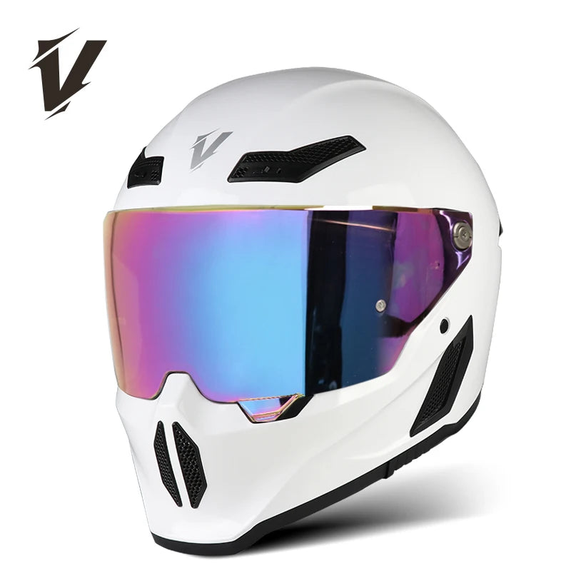 A white full-face motorcycle helmet with a reflective iridescent visor and black ventilation details.