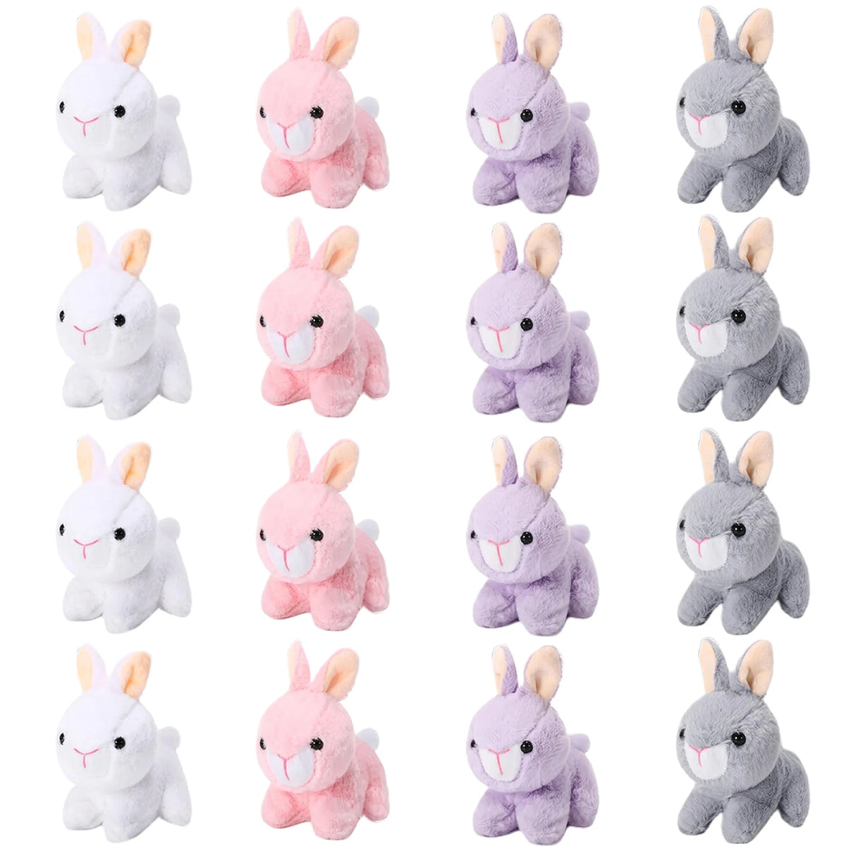 A collection of twelve mini plush bunny toys in various shades of pink, purple, and gray.