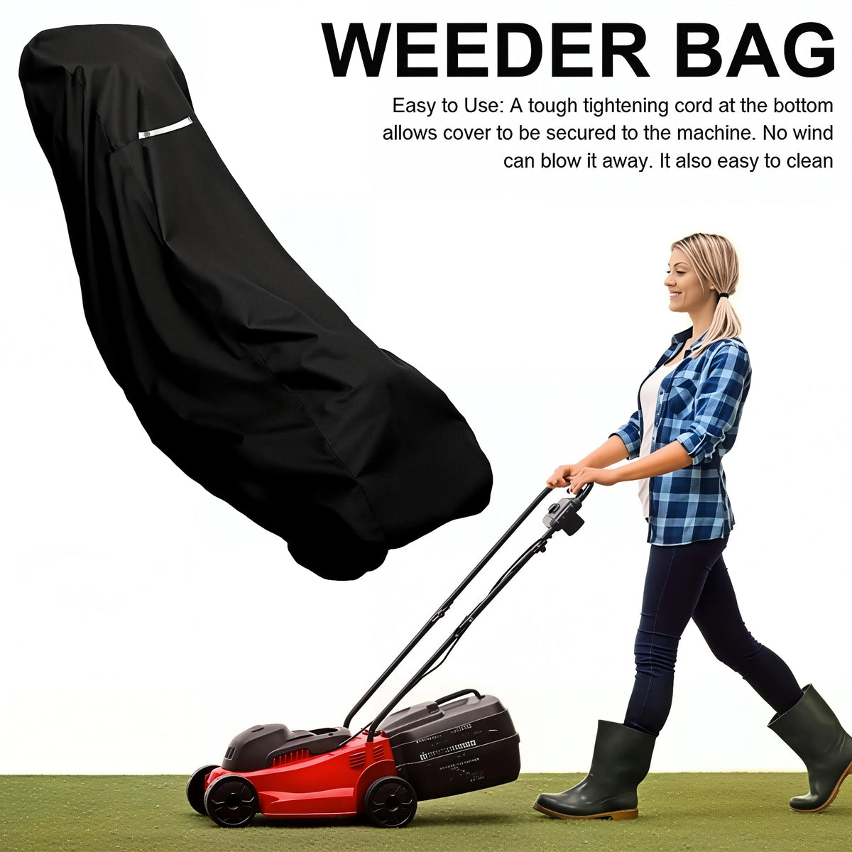 A woman is shown using a heavy-duty outdoor push mower with a black weeder bag cover.