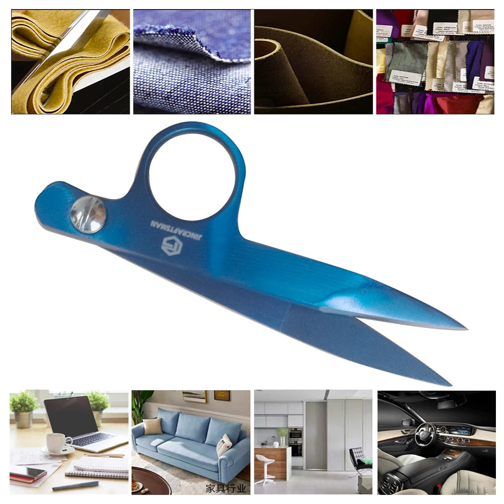 A blue precision titanium-coated tailor shears with a leather sheath shown alongside various fabric samples.