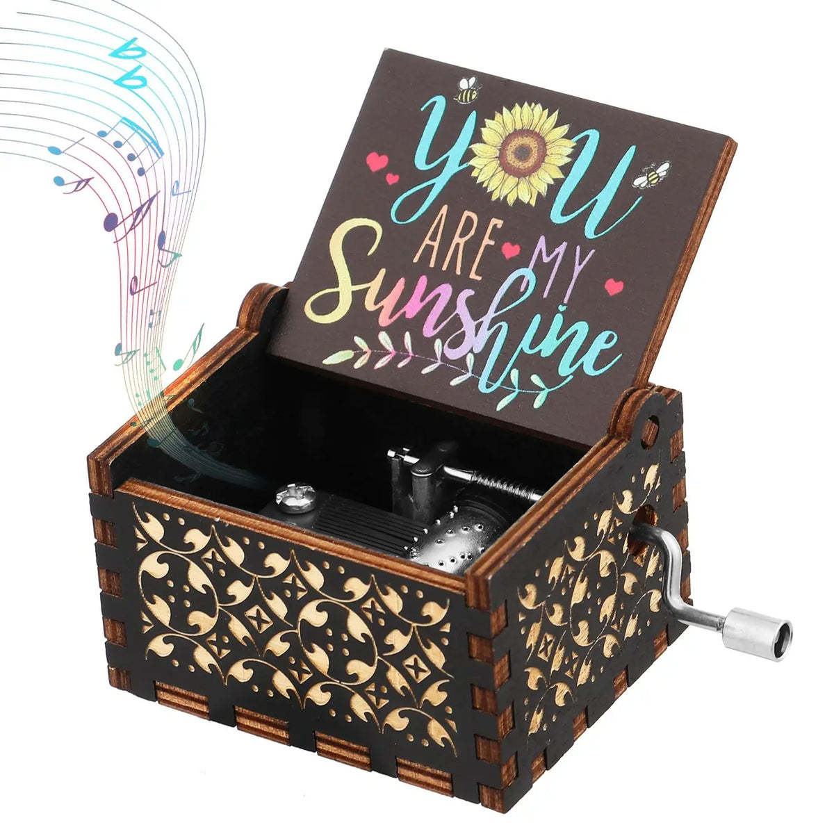 A dark wooden music box with a lid featuring the text You Are My Sunshine and decorative floral patterns.
