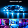 RGB LED strip lights illuminating a room and a television screen with vibrant blue light.