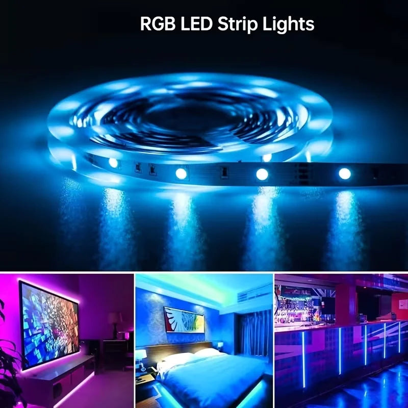 RGB LED strip lights illuminating a room and a television screen with vibrant blue light.