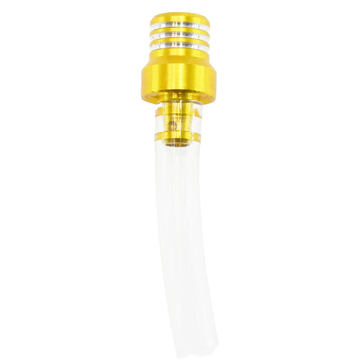 A clear glass and brass fuel tank breather valve with a gold-colored threaded top.