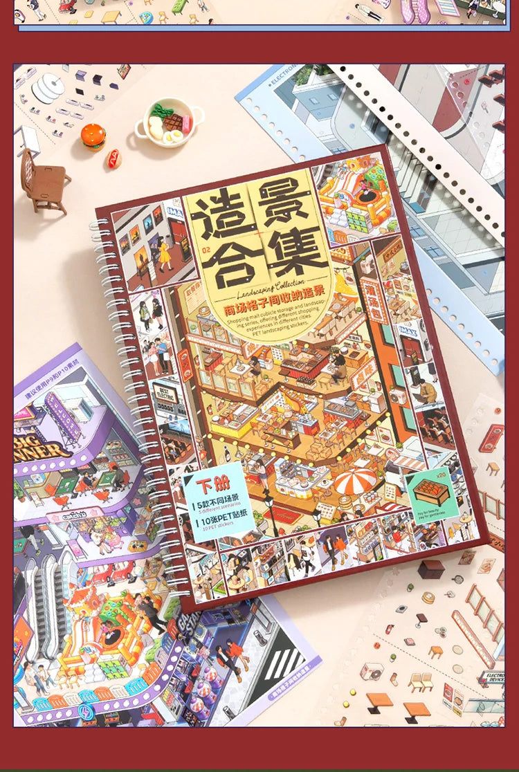 A close-up of a sticker set featuring various 3D house scenes and architectural elements for scrapbooking and DIY crafts.