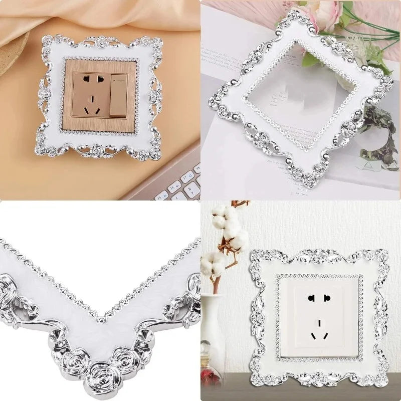 Silver rose pattern switch cover frame in white and silver for electrical outlets