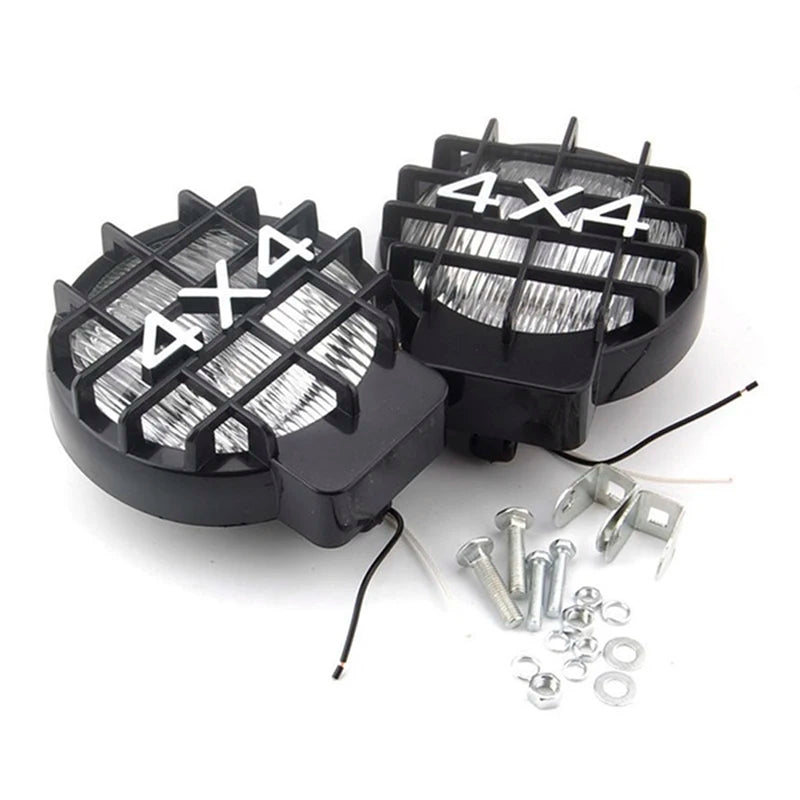 A set of four 5.5 inch round LED halogen fog lights for trucks and SUVs, packaged with mounting hardware.