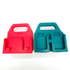 Two portable battery storage cases, one red and one teal, designed for 18V Li-Ion batteries.