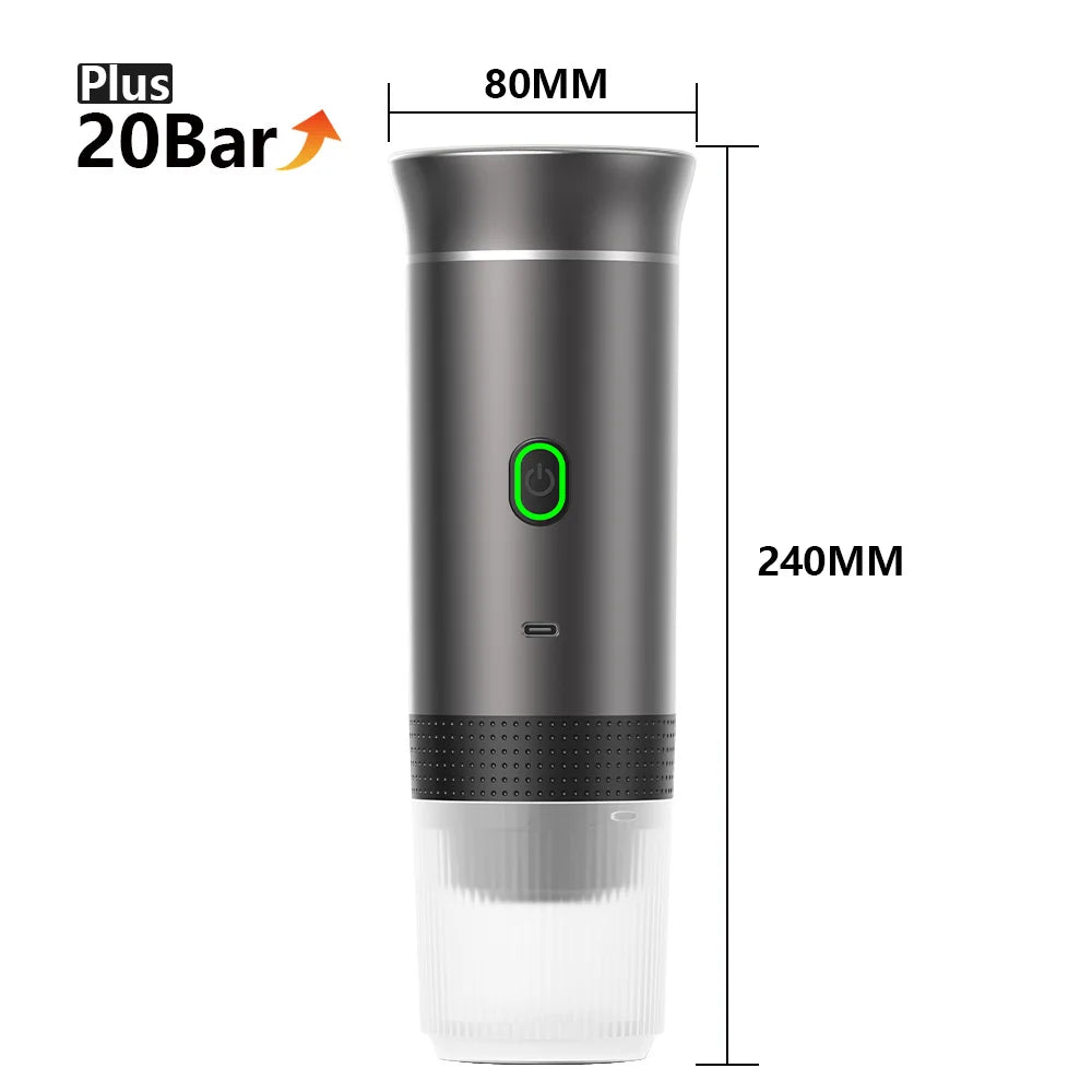 A tall, silver-colored portable electric espresso coffee maker with a clear glass carafe.