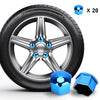 A set of 20 blue anti-rust wheel nut caps and a silver alloy wheel rim.