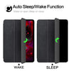 A black case for an iPad Pro featuring an auto sleep/wake function, shown in both awake and sleep positions.