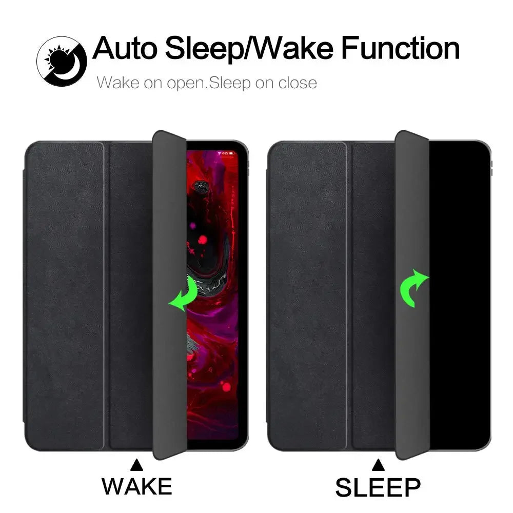 A black case for an iPad Pro featuring an auto sleep/wake function, shown in both awake and sleep positions.