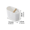 White bathroom organizer set with a wooden soap dispenser and dimensions shown.