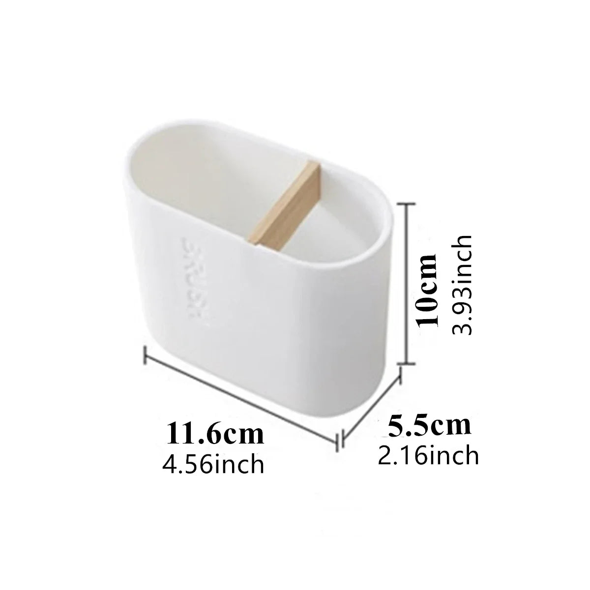 White bathroom organizer set with a wooden soap dispenser and dimensions shown.