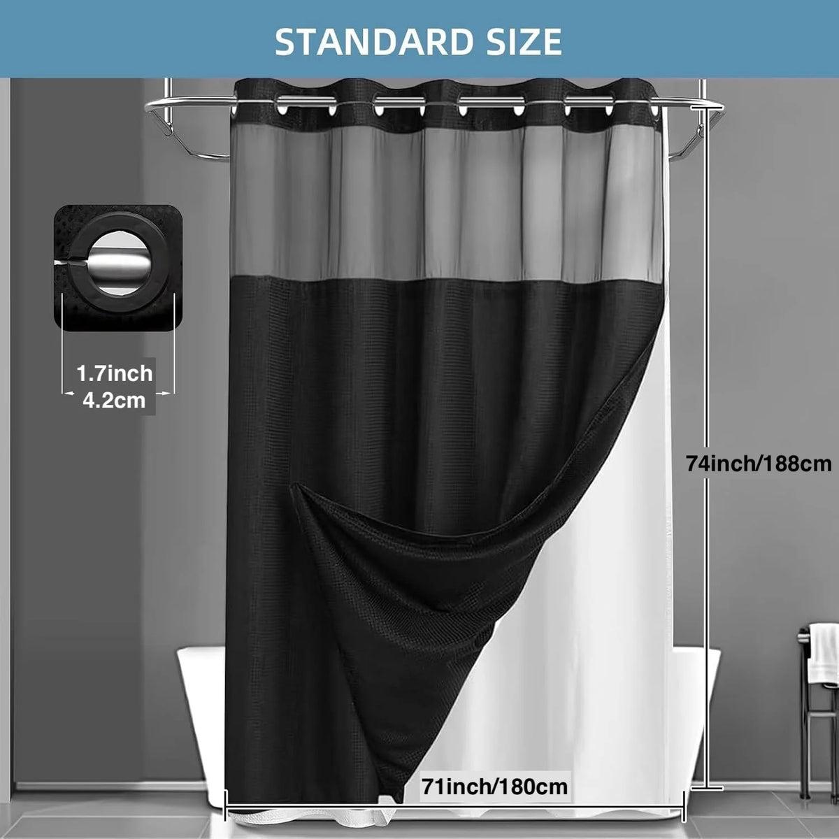 Black dotted waffle weave shower curtain hanging on a rod against a white background