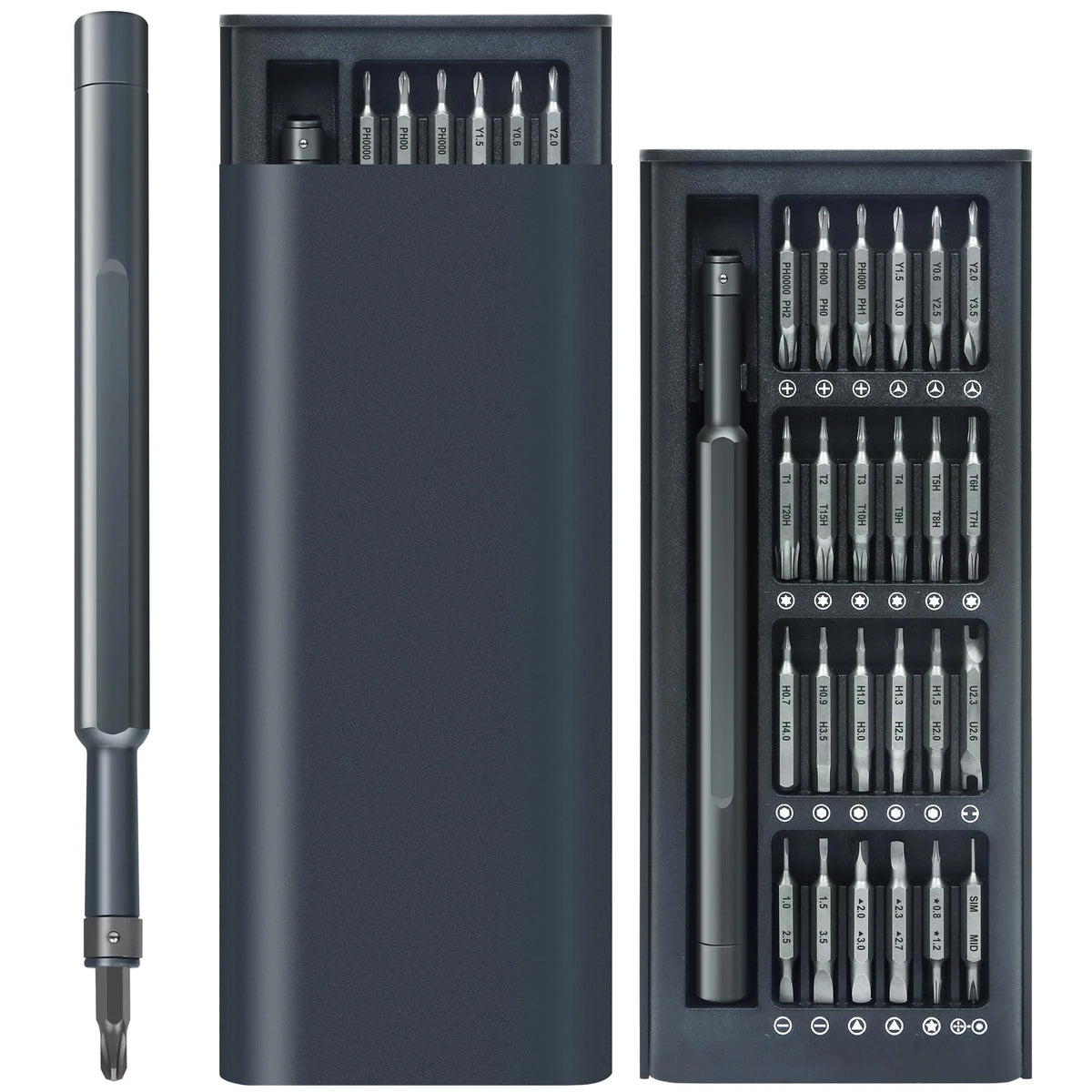 A dark gray precision magnetic screwdriver set with a storage case and multiple screwdriver tips.