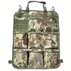 A camouflage tactical seat back organizer bag with seven pockets for car storage.