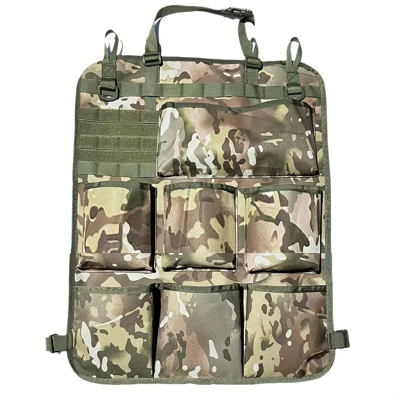 A camouflage tactical seat back organizer bag with seven pockets for car storage.