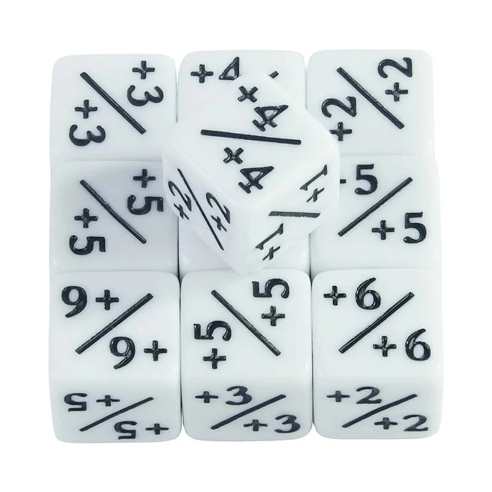 A set of acrylic D6 counter dice showing various combinations of plus and minus signs.