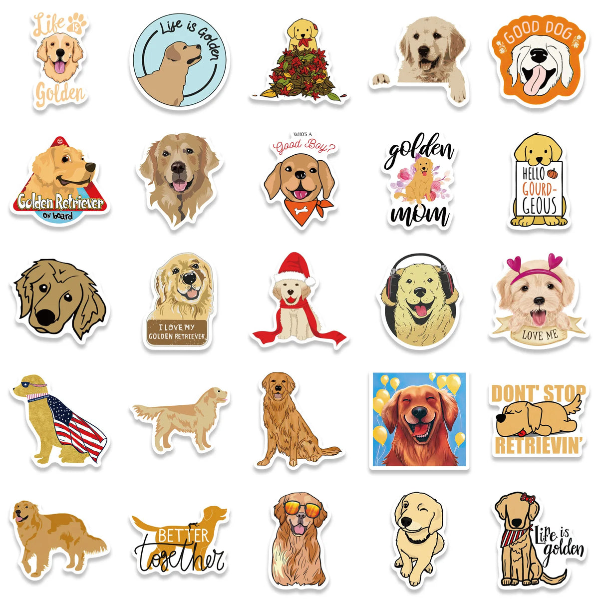 A collection of various dog-themed stickers including golden retriever faces, puppy heads, and dog silhouettes.