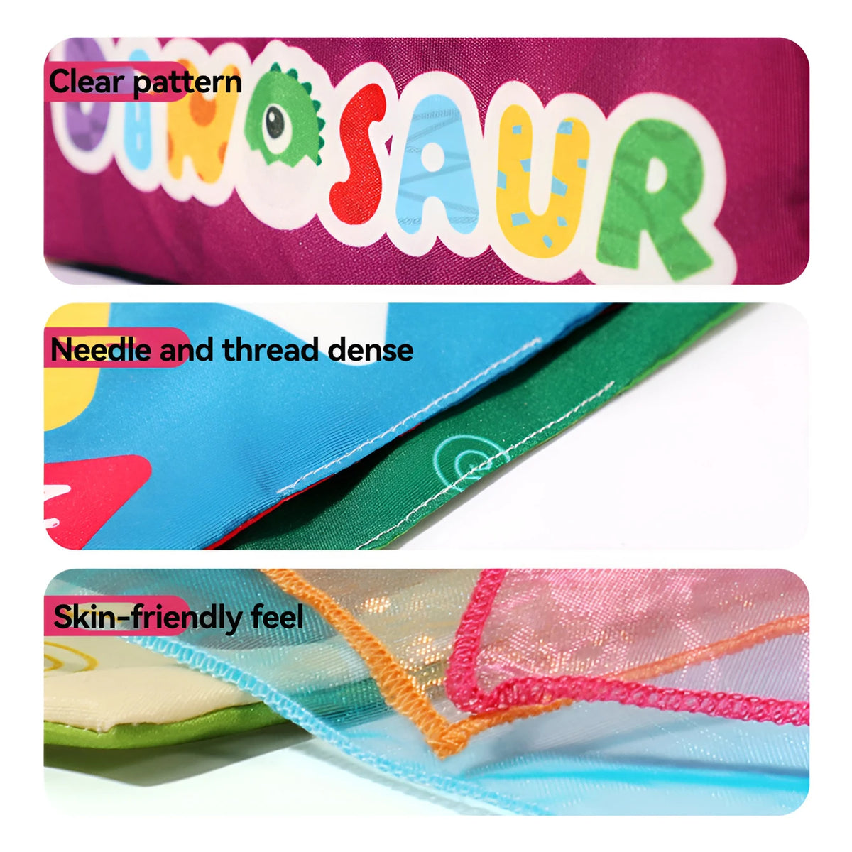 Close-up view of a colorful cloth book ring toy featuring a dinosaur pattern and needle and thread dense fabric.