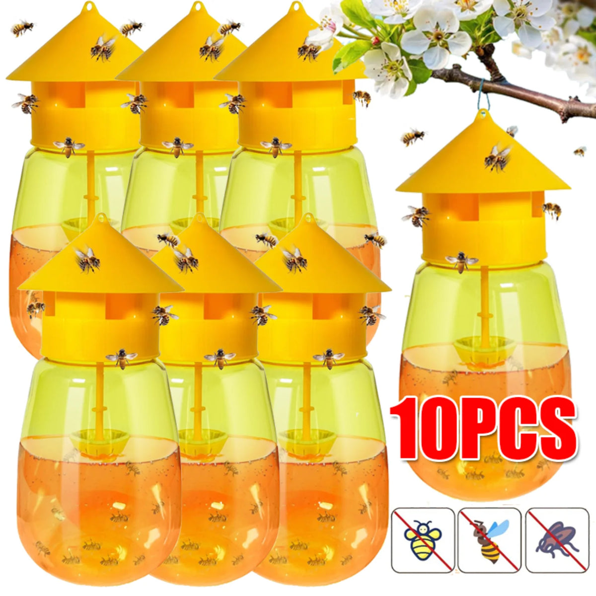 Ten fruit fly traps with yellow lids and orange liquid lures shown next to a warning symbol.