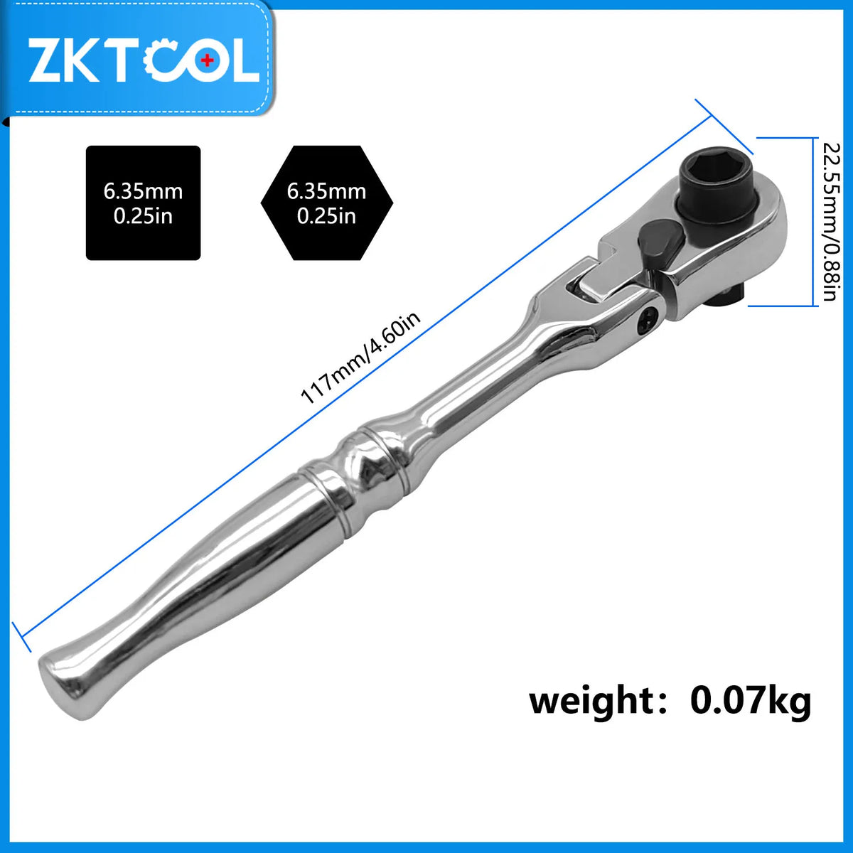 Silver 1/4-inch drive ratchet wrench with a flexible head and markings for size.
