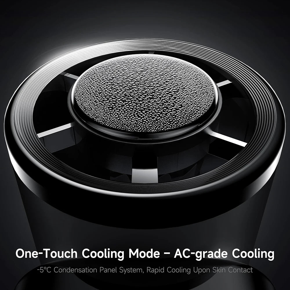 Close-up of a black AC-grade cooling device with a textured disc for rapid cooling upon skin contact