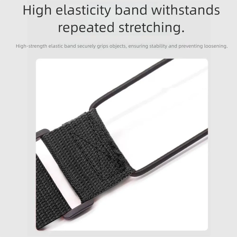 A close-up view of a black elastic band strap used for securing objects.