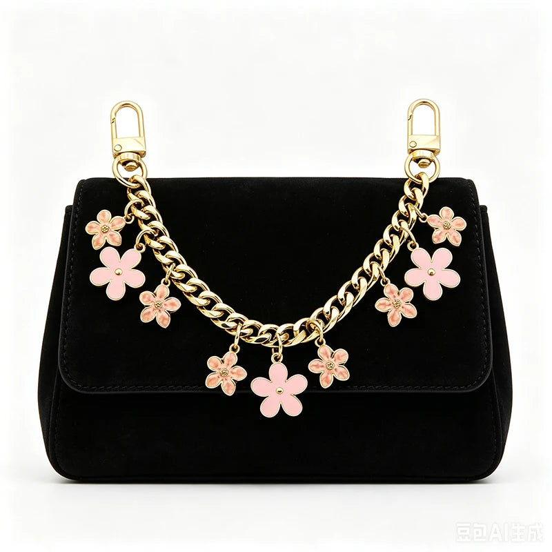 A black clutch bag with a gold chain and pink flower charms attached.
