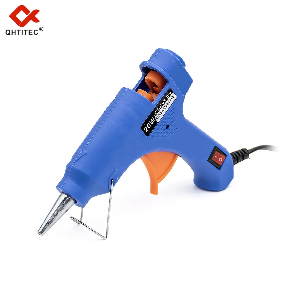 Blue hot melt glue gun with an orange handle and a metal nozzle, used for applying glue.