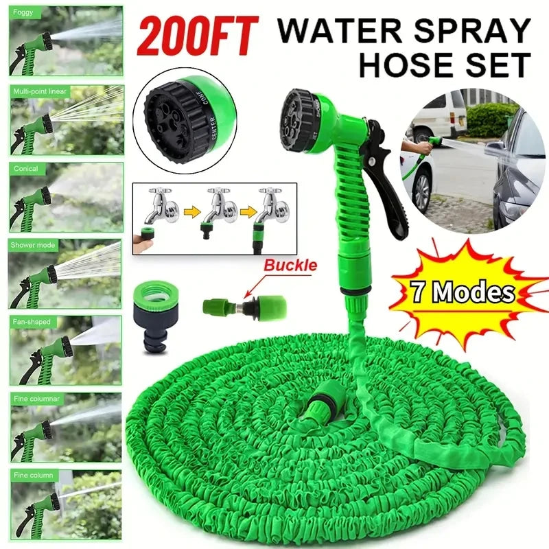 A green 200ft water spray hose set with multiple nozzles and a coiled spray head.