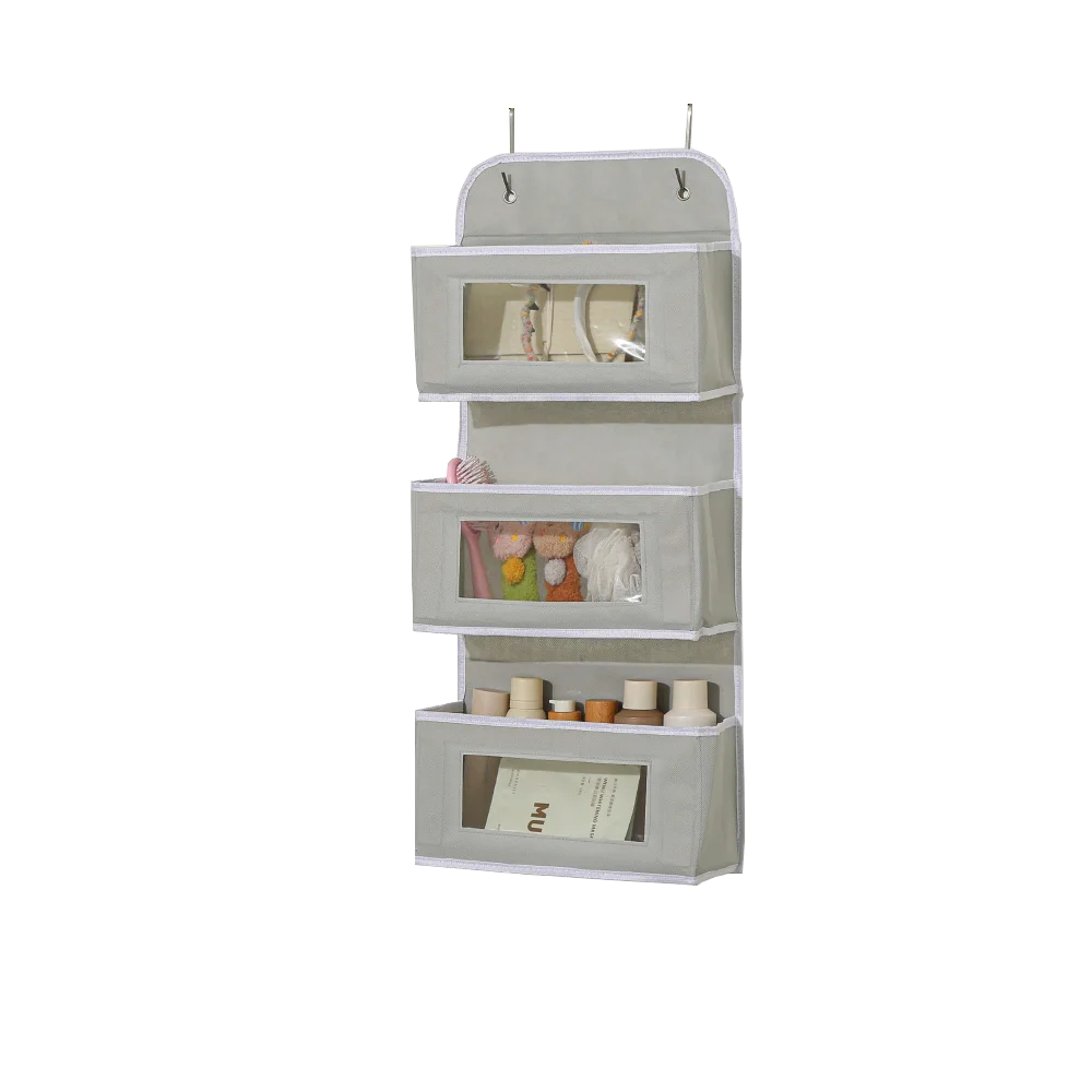 A white over-the-door hanging organizer with multiple compartments for storing small items.