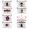 A set of nine cosmetic bags featuring inspirational quotes and designs for women