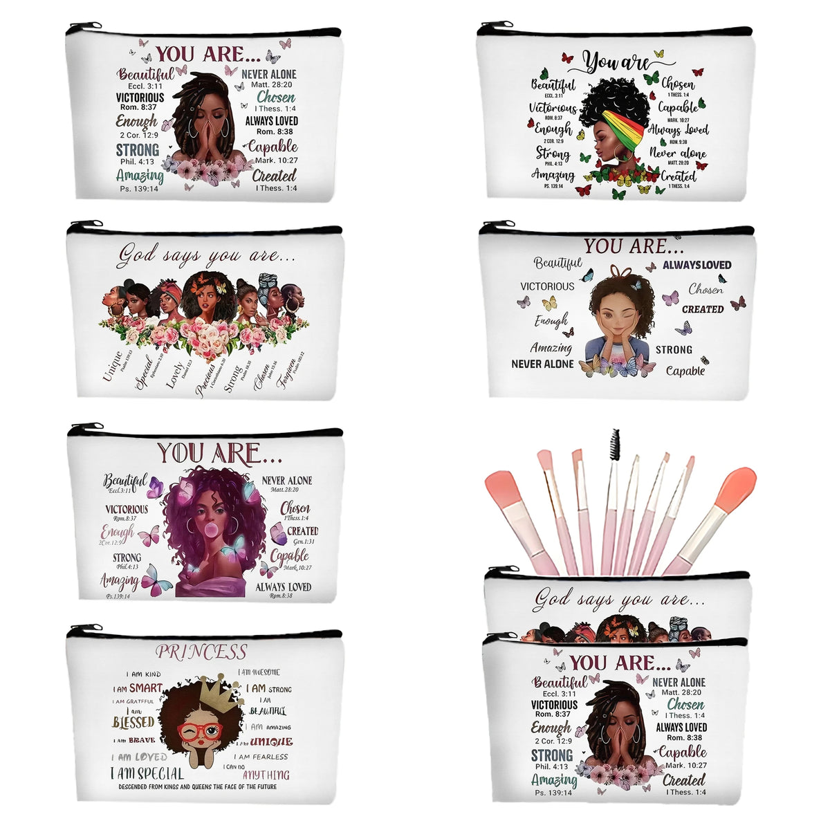 A set of nine cosmetic bags featuring inspirational quotes and designs for women