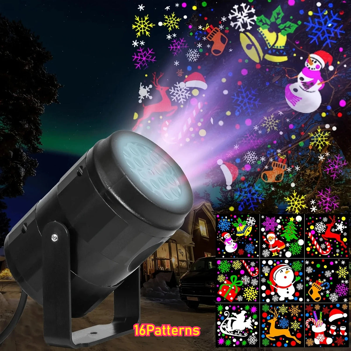 A rotating Christmas projector light casting colorful festive patterns onto a dark night scene.