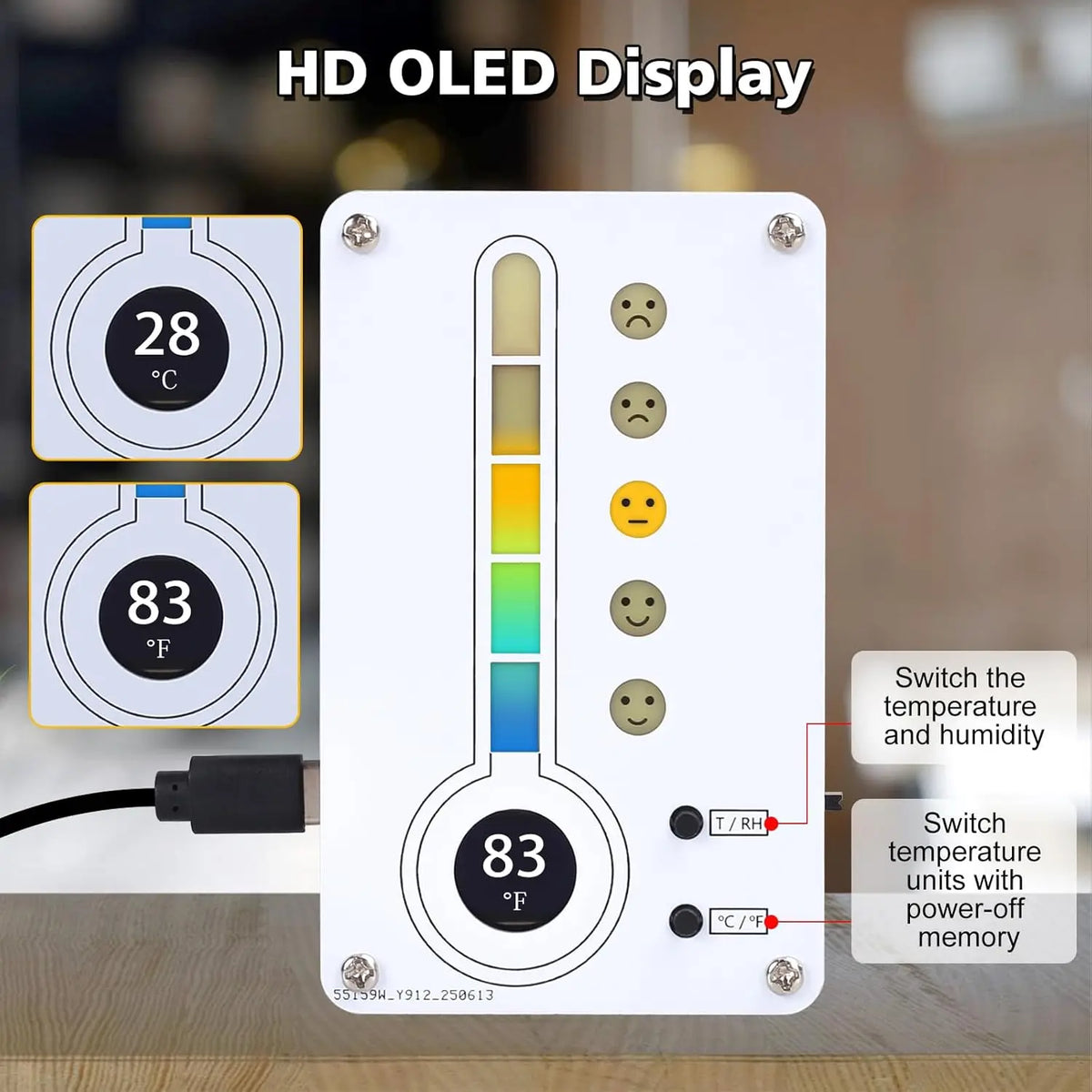 A white electronic device featuring an HD OLED display, temperature and humidity readings, and switch options for power-off m