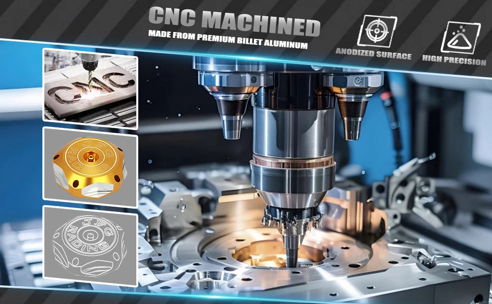 CNC machined aluminum motorcycle fuel tank cap shown in a close-up view on a machine.