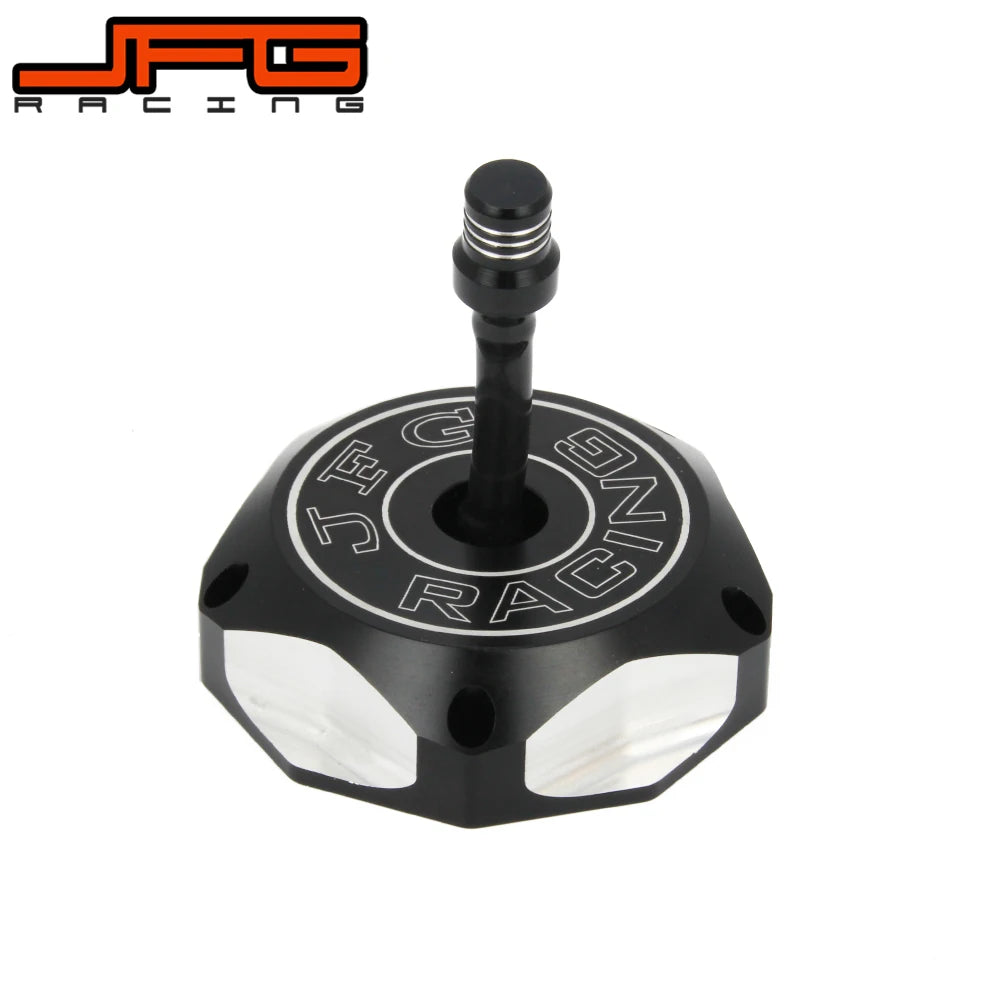 A black CNC aluminum motorcycle fuel tank cap with a threaded top and a circular base featuring the racing logo.