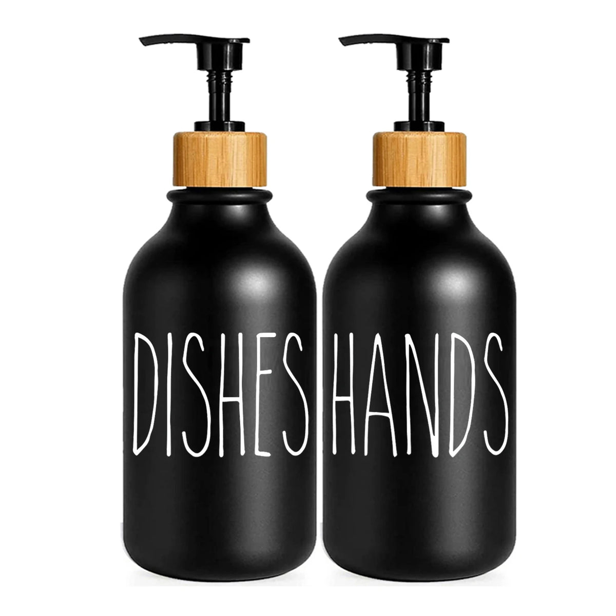 A black pump dispenser bottle with a wooden cap and pump for dish and hand soap.