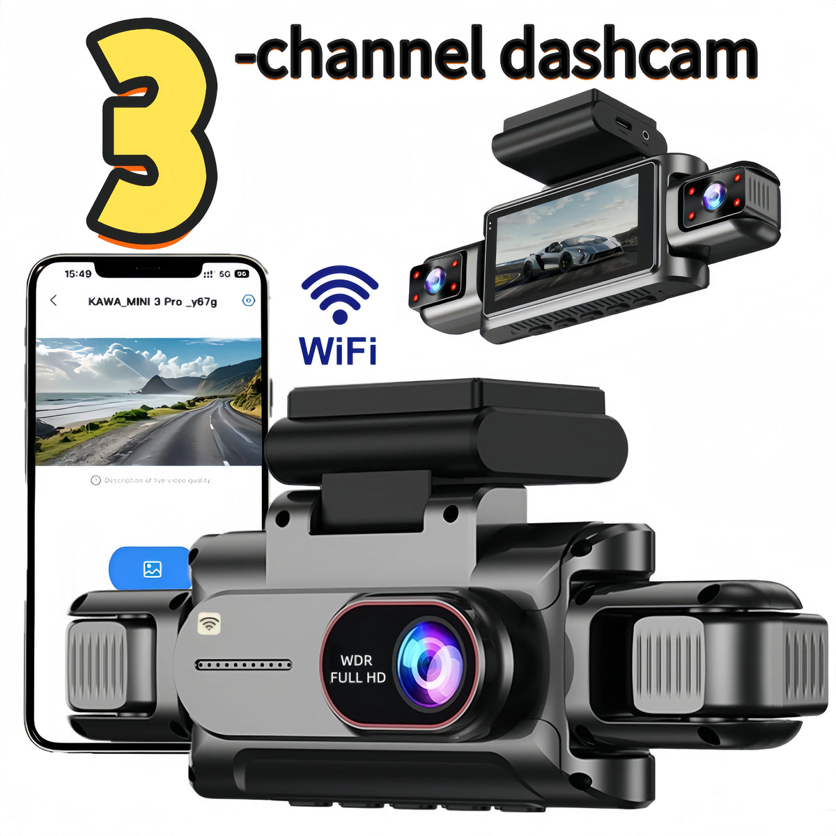 A black WiFi dashcam device is shown alongside a smartphone displaying a live feed, demonstrating its use for recording.
